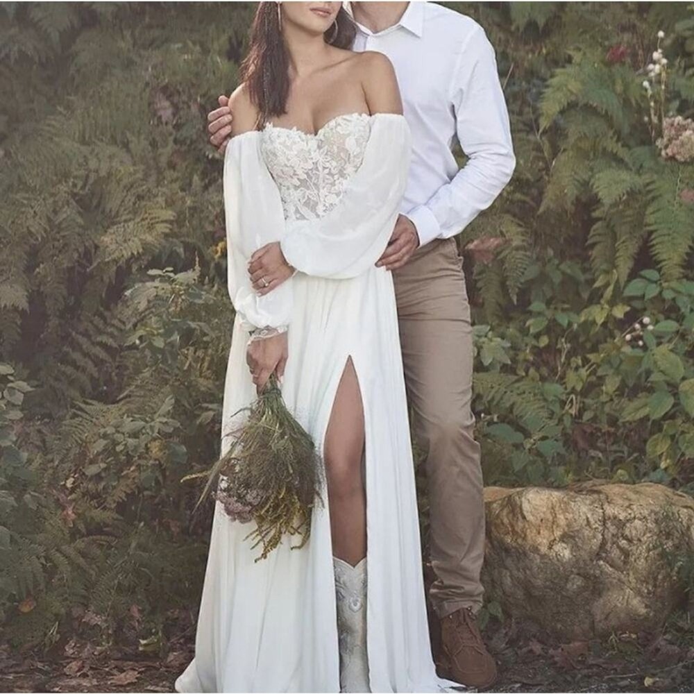 Lillian West Wedding Gown‎ Off the Shoulder Style 66228 With Slit Ethereal Boho - Picture 8 of 16